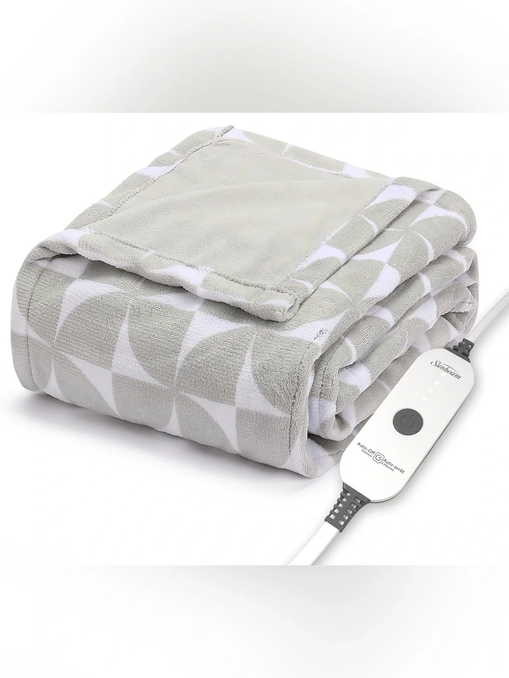 NWOT - Sunbeam Royal Luxe Microplush Heated Throw Grey Geometric